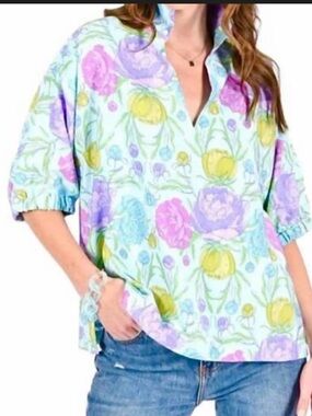 EUC Emily McCarthy Poppy Top Blue Floral Dolman Sleeves Sz L Large